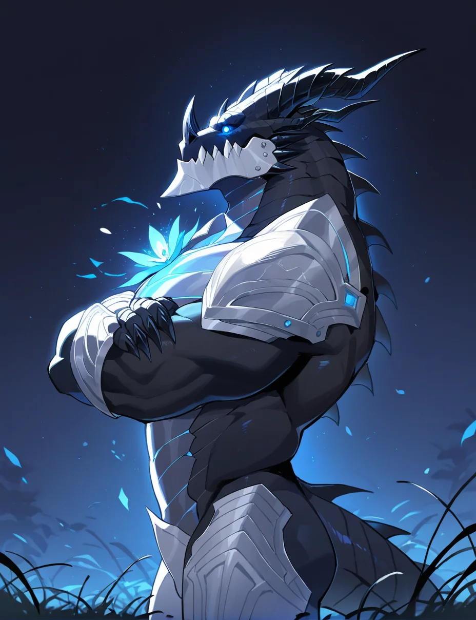 BREAK masterpiece,best quality,amazing quality,very aesthetic,highres,absurdres BREAK ekita kuro,(yohan:0.8),softpoltupo,year 2024,cowboy shot,solo,from side,
1boy,furry male,muscular,muscular male,bara,barazoku,DEATHWING,(black horns:1.1),dragon,(metal jaw:1.1),(black body:1.1),black head,detailed scales,(black scales:1.1),grey belly,(metal chest:1.1),blue glowing chest crack,4 fingers,claws,blue eyes,slit pupils,glowing eyes,white armor,shoulder armor,leg armor,<lora:deathwing_noob_adamw8bit-000029:1>,glowing flower,grass,(looking up:1.1),crossed arms,night,night time,black sky,perfect composition,intricately detailed,hyper detailed,maximalist style,concept art,harmony,serenity,calm,mysterious glow,dynamic lighting,masterpiece,superb composition,finest details,highest aesthetics,mystical glow,