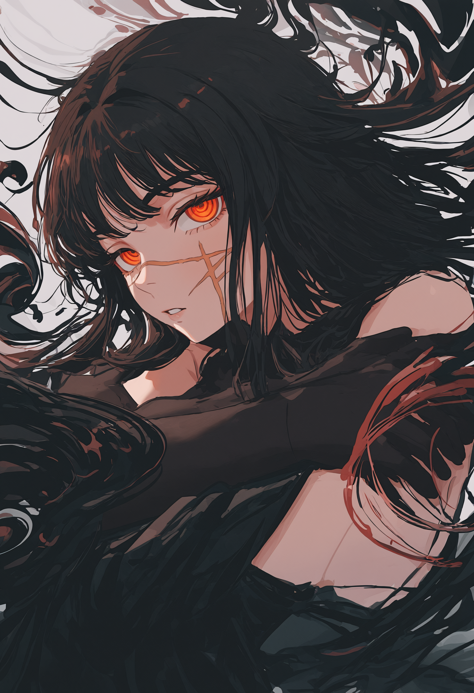 masterpiece, best quality, newest, absurdres, highres, very awa, abstract, liquid, circles, no lineart, sketch, profile, yoru \(chainsaw man\), 1girl, scar, solo, scar on face, cross scar, long hair, white background, dress, looking at viewer, black dress, elbow gloves, gloves, scar on cheek, black gloves, black hair, simple background, red eyes, scar on nose, crossed arms, bare shoulders, floating hair, parted lips, hair ornament, sleeveless dress, orange eyes, 
