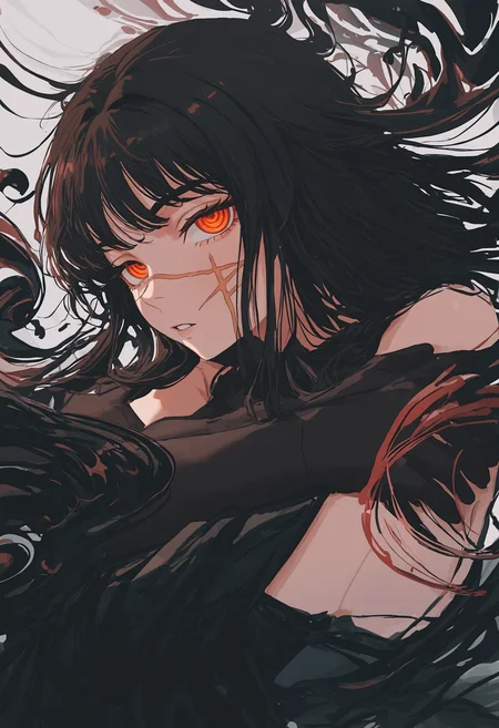 masterpiece, best quality, newest, absurdres, highres, very awa, abstract, liquid, circles, no lineart, sketch, profile, yoru \(chainsaw man\), 1girl, scar, solo, scar on face, cross scar, long hair, white background, dress, looking at viewer, black dress, elbow gloves, gloves, scar on cheek, black gloves, black hair, simple background, red eyes, scar on nose, crossed arms, bare shoulders, floating hair, parted lips, hair ornament, sleeveless dress, orange eyes,