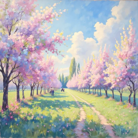 ArsMJStyle, ((Impressionism )), Spring Orchard, The image shows a blooming orchard in spring. Pale pink and white brushstrokes suggest cherry or apple blossoms against a soft blue sky. Dappled sunlight creates patterns on the ground, and a distant figure tends to the trees. Green grass is indicated by quick strokes of various shades., impressionism, orchard, spring, blossoms, nature, soft colors, sunlight, outdoor scene, flowering trees, brushstrokes, seasonal, atmospheric