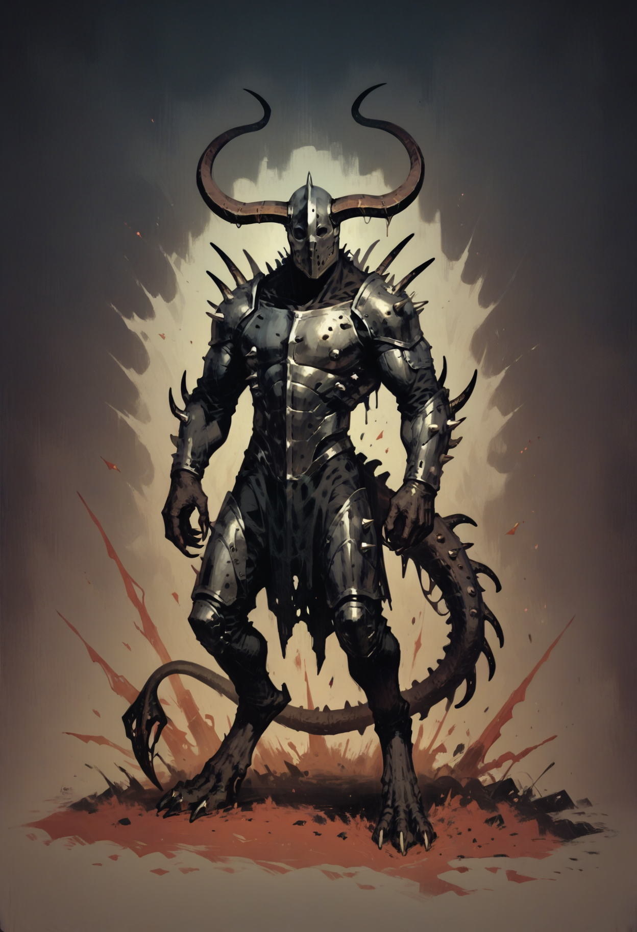 score_9, score_8_up, score_7_up score_9, score_8_up, score_7_up, score_6_up, score_5_up, score_4_up, rating_safe,
<lora:NeonFantasyNocturneV10:1> cult1st,
1other, covered face, mask, helmet, tall, muscular, head tilt, large, digitigrade, monster, claws, spikes, evil, standing, horns, armor, heavy armored, eldritch abomination, horror \(theme\), spiked pauldrons, breastplate, spiked spine, tail, body armor,
