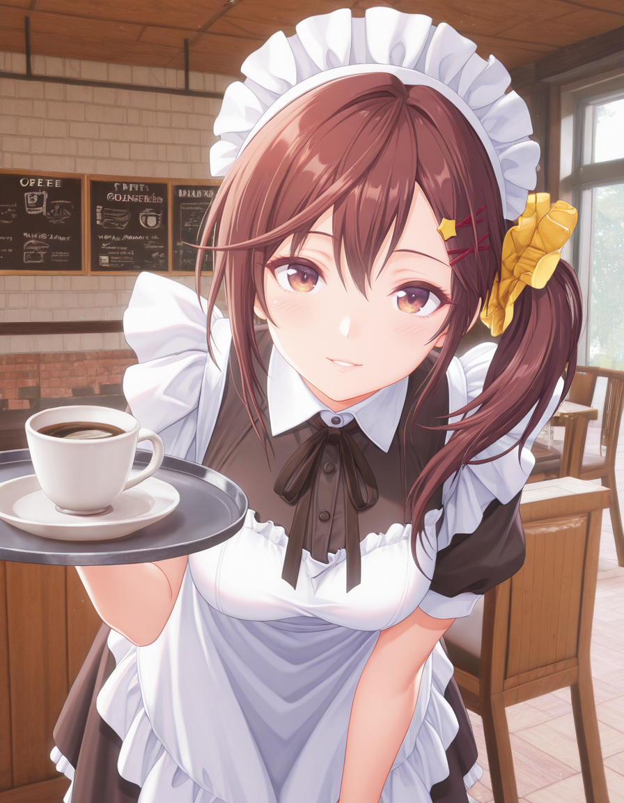 maid, maid headdress, holding tray, coffee, cafe,  parted lips, light smile, cowboy shot, bent over <lora:Misaki_vvp_lcd_v0.3:1> misakivvplcd, yellow scrunchie, hair clips, side ponytail, 
masterpiece, best quality, amazing quality,