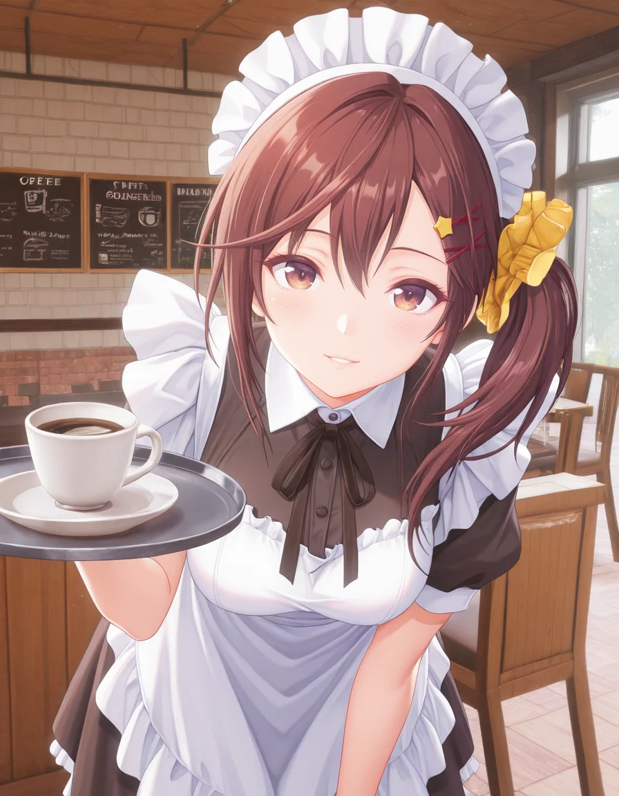 maid, maid headdress, holding tray, coffee, cafe,  parted lips, light smile, cowboy shot, bent over <lora:Misaki_vvp_lcd_v0.3:1> misakivvplcd, yellow scrunchie, hair clips, side ponytail, 
masterpiece, best quality, amazing quality,