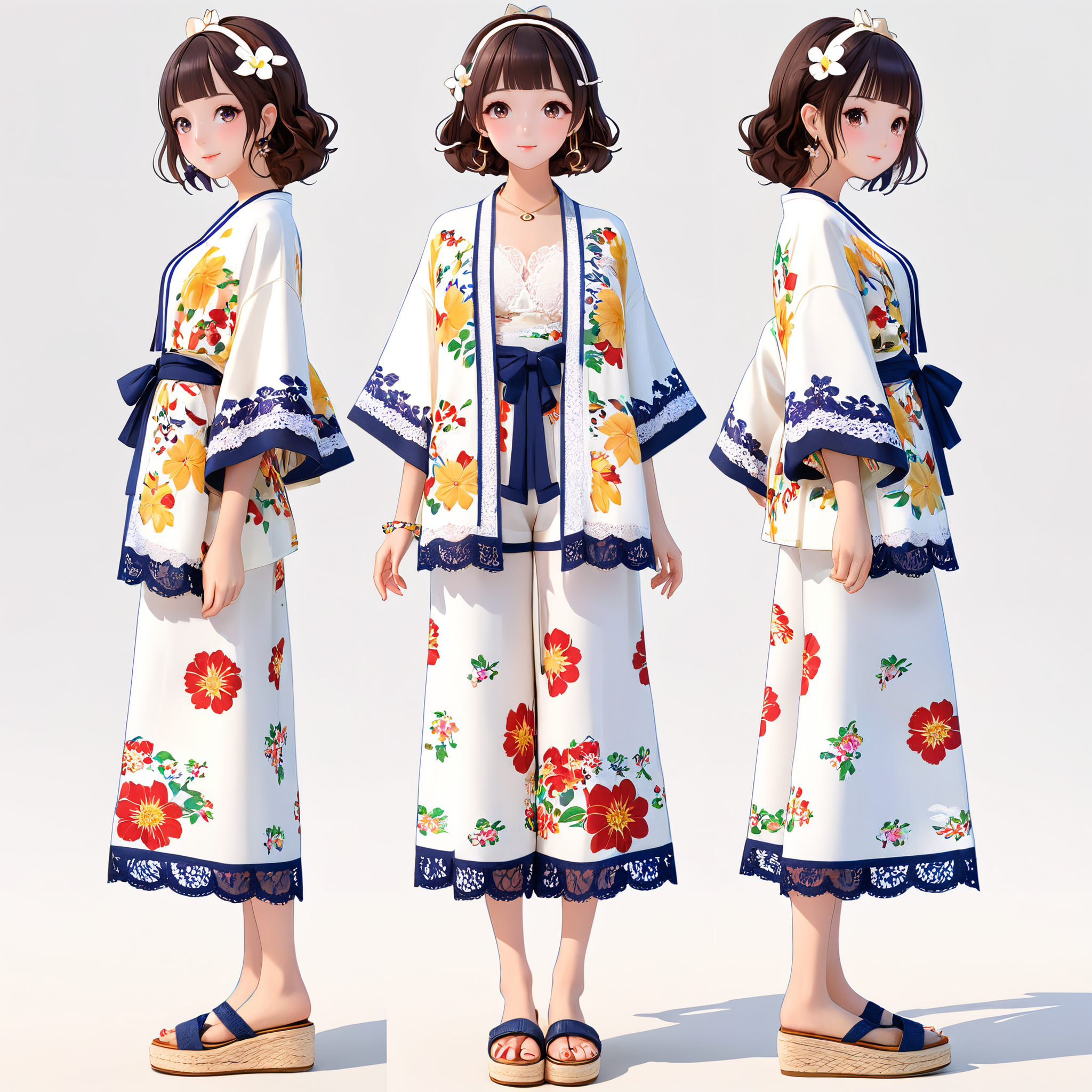 IP,anime characters,slim figure,hand version style,girl,Three views,<lora:FN-CollectionIP_XL-V1.0:0.8>,lace short-sleeve top,(Printed_kimono_cardigan:1.4),(Wide-leg_jumpsuit:1.3),(Platform_espadrilles:1.2),