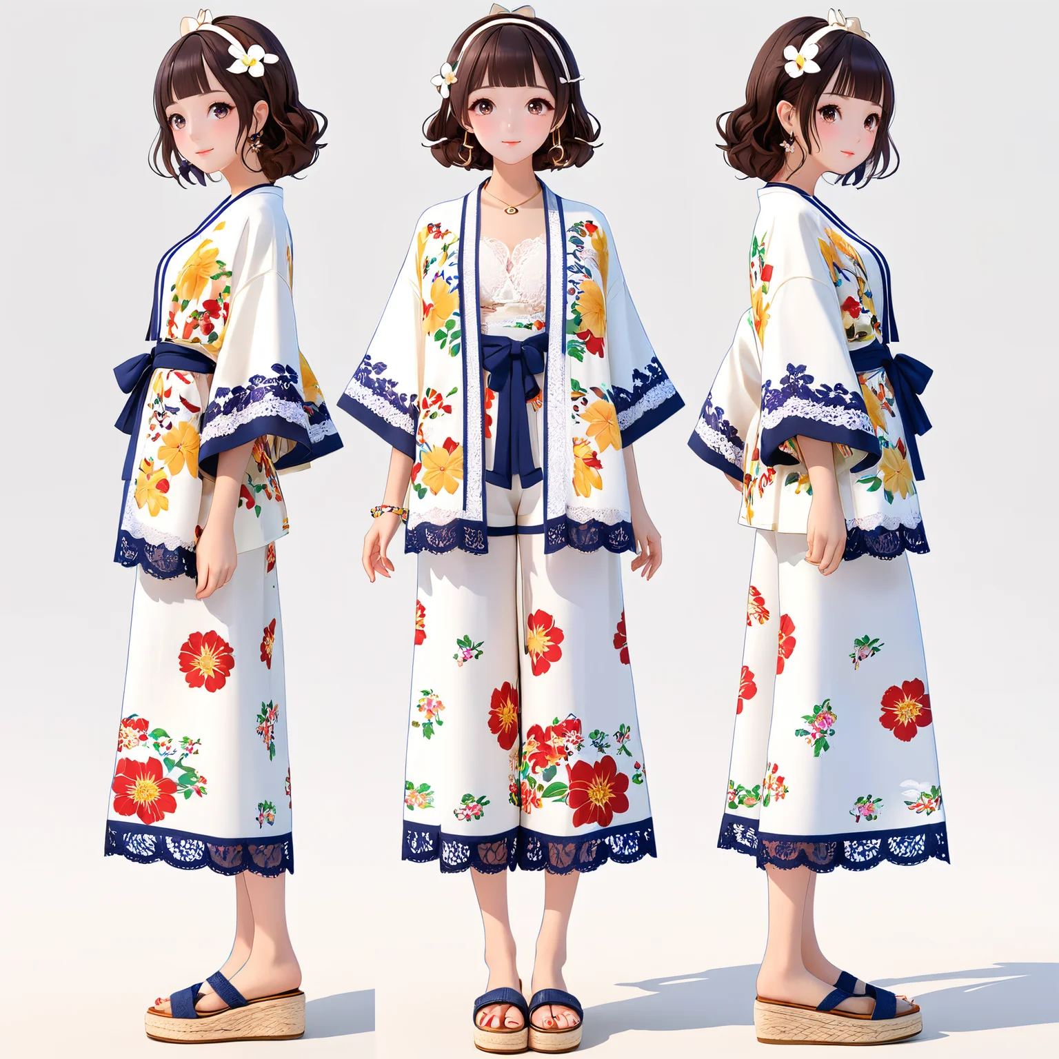 IP,anime characters,slim figure,hand version style,girl,Three views,<lora:FN-CollectionIP_XL-V1.0:0.8>,lace short-sleeve top,(Printed_kimono_cardigan:1.4),(Wide-leg_jumpsuit:1.3),(Platform_espadrilles:1.2),