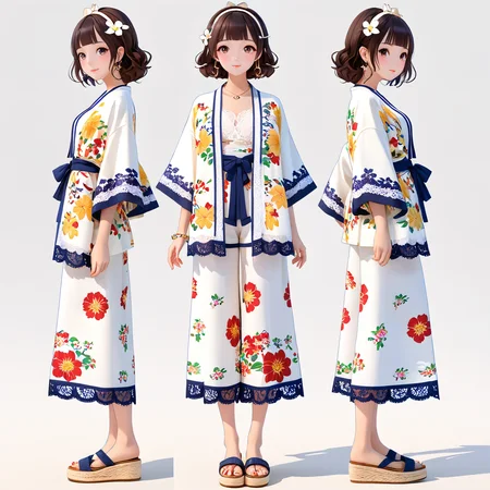 IP,anime characters,slim figure,hand version style,girl,Three views,<lora:FN-CollectionIP_XL-V1.0:0.8>,lace short-sleeve top,(Printed_kimono_cardigan:1.4),(Wide-leg_jumpsuit:1.3),(Platform_espadrilles:1.2),