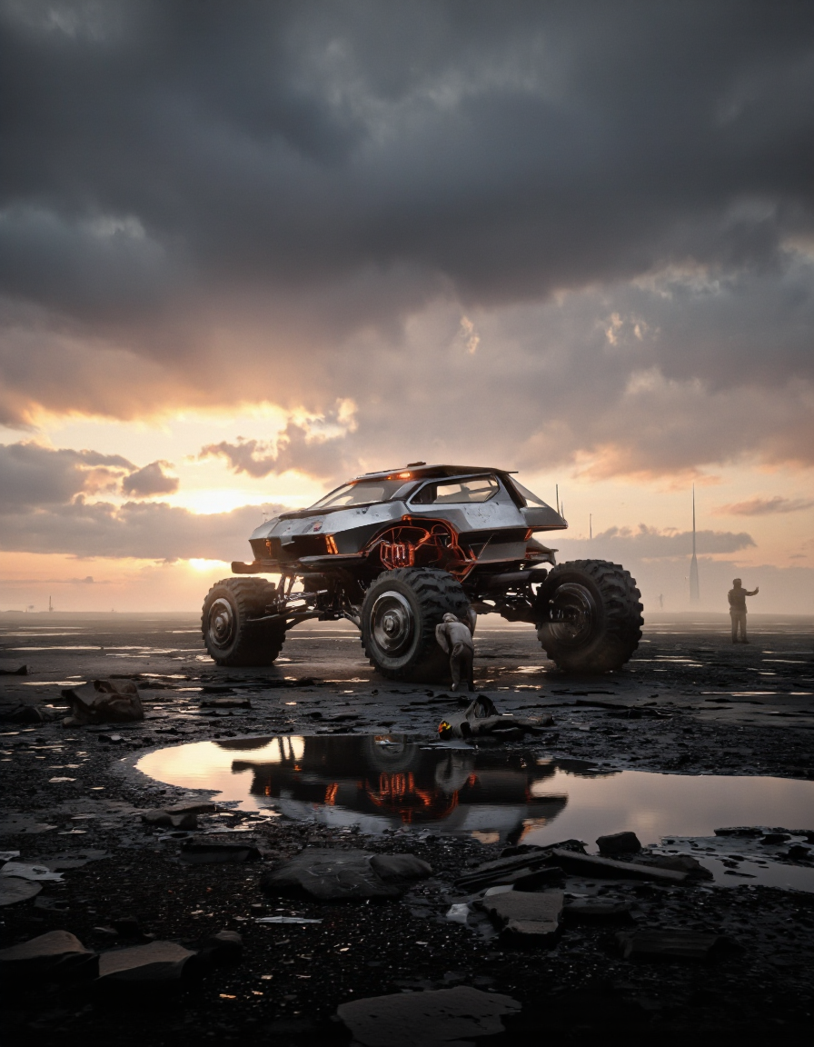 QuantumZ. A futuristic, sci-fi concept art shoot from a low angle, about a futuristic vehicle in a desolate landscape during sunset. the image features a large, four-wheeled vehicle with a sleek, angular design, standing in the center of the frame, surrounded by a vast expanse of barren, desolate land. the vehicle has a metallic body with glowing red accents, and its large, angular headlights illuminate the scene. it is positioned in the middle of the image, with two people standing on either side of it, looking at it intently. the sky is filled with dark, ominous clouds, and the sun is setting in the background, casting a warm, orange glow over the landscape. the ground is littered with rubble and debris, and there is a puddle of water in front of the vehicle, reflecting the warm colors of the sky. the overall mood is ominous and ominous, with a sense of danger and destruction.