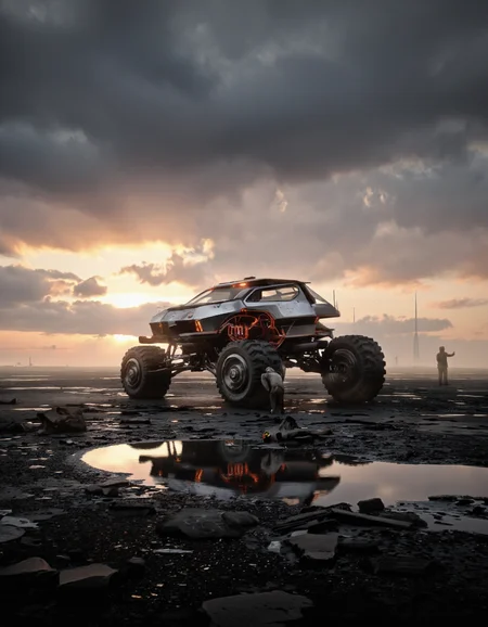 QuantumZ. A futuristic, sci-fi concept art shoot from a low angle, about a futuristic vehicle in a desolate landscape during sunset. the image features a large, four-wheeled vehicle with a sleek, angular design, standing in the center of the frame, surrounded by a vast expanse of barren, desolate land. the vehicle has a metallic body with glowing red accents, and its large, angular headlights illuminate the scene. it is positioned in the middle of the image, with two people standing on either side of it, looking at it intently. the sky is filled with dark, ominous clouds, and the sun is setting in the background, casting a warm, orange glow over the landscape. the ground is littered with rubble and debris, and there is a puddle of water in front of the vehicle, reflecting the warm colors of the sky. the overall mood is ominous and ominous, with a sense of danger and destruction.