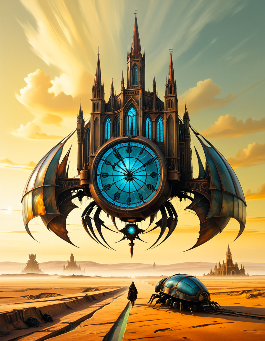 A surreal, dreamlike painting in the style of JarosÅaw Jasnikowski, depicting a gigantic mechanical insect-like cathedral walking across a cracked desert landscape. The cathedral is mounted on insect legs made of bronze and copper, with gears and steam vents along each joint. The architecture is gothic, with tall spires, stained glass windows glowing from within, and massive rotating clock faces embedded in its towers. In the background, a distorted horizon under a greenish-yellow sky, with floating islands and broken bridges suspended mid-air. A small group of cloaked figures watches the walking structure from the foreground, their long shadows cast across the dry, dusty ground. The entire scene is bathed in a surreal light, blending soft golds and dark shadows, giving it a mystical and post-apocalyptic atmosphere. Details are rich with fine mechanical engravings, absurd physics, and metaphysical symbolism, echoing Jasnikowskiâs signature surrealism and imaginative science-fiction fantasy.<lora:SDXLFaeTastic2400:0.4> <lora:extremely_detailed:0.4> extremely detailed, <lora:JarosÅaw_J4sn1k0wsk1_r1:1>,JarosÅaw J4sn1k0wsk1, Masterpiece,best quality,hi res,8k,hi res,8k,award winning,(sharp focus, intricate, highly detailed),
