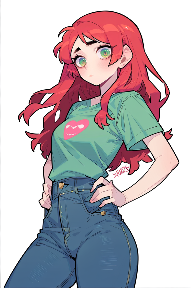 <lora:Sparrow119:1>, score_9, score_8_up, score_7_up, score_6_up, score_5_up, rating_questionable, source cartoon
1girl, pretty face, pretty eyes, detailed eyes, HD eyes, thick thighs
hands on hips, standing, cowboy shot
looking at viewer, blush, eyebrows, long hair, red hair, green eyes jeans, green t-shirt, boots, high waisted jeans
simple background, white background