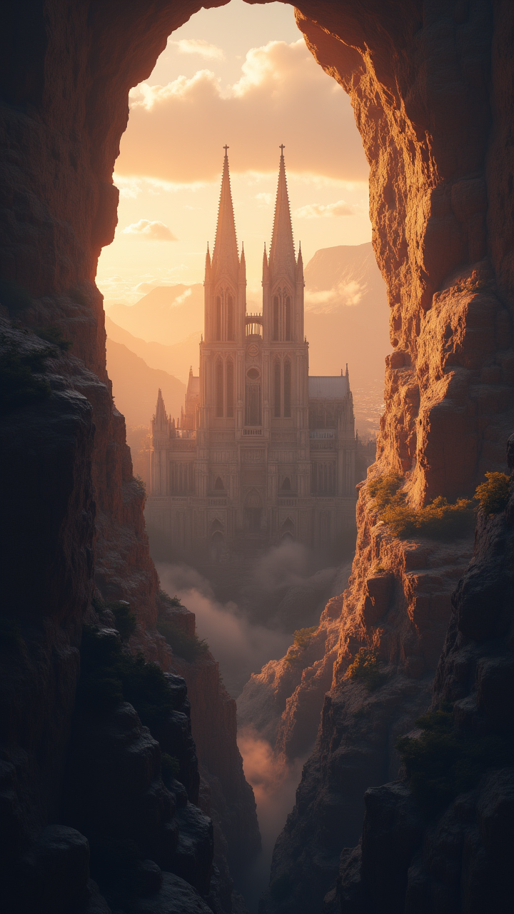 landscape of a The iconic cathedral of the deep is bathed in a soft, golden light as the sun sets behind it. natural lighting, aidmaMJ6.1