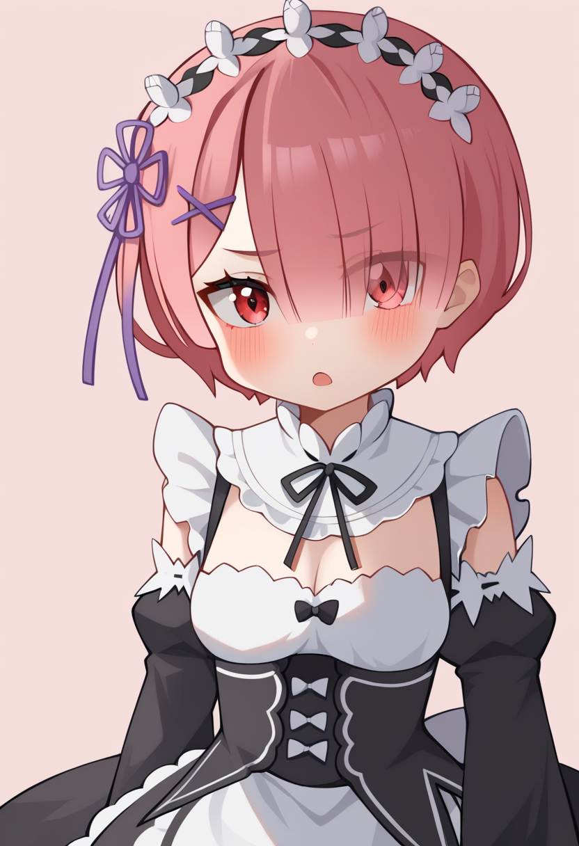 score_9,score_8_up,score_7_up,<lora:ram_pony:1>,hair_over_one_eye, chibi, solo, detached_sleeves, ribbon-trimmed_clothes, open_mouth, blush, ram_\(re:zero\), maid_headdress, pink_ribbon, falling, roswaal_mansion_maid_uniform, simple_background, transparent_background, purple_ribbon, 1girl, d:, looking_at_viewer, furrowed_brow
