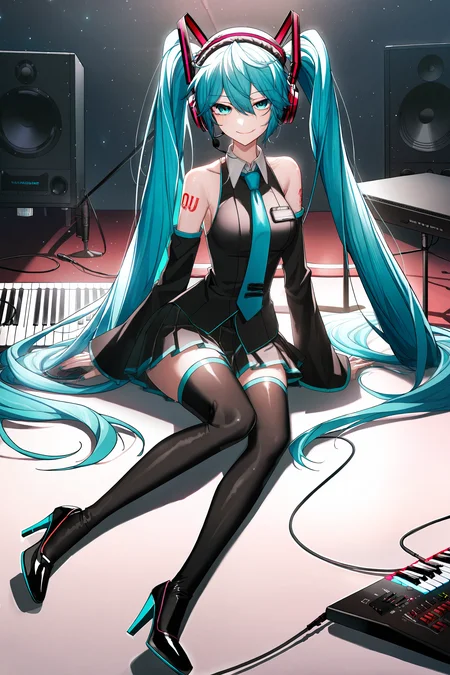 artist: qysthree, 1girl, character: hatsune miku, solo, style: flat-pasto, full body, looking at viewer, smile, closed mouth, breasts, thigh boots, tattoo, black skirt, pleated skirt, white shirt, sleeveless shirt, black footwear, collared shirt, black thighhighs, hand on headphones, necktie, detached sleeves, bare shoulders, long sleeves, black sleeves, zettai ryouiki, high heels, keyboard \(instrument\), detailed, best quality, condensation trail, microphone, headset, wariza, miniskirt, sky