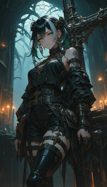 In a dimly lit chamber filled with the aroma of aged wood and incense, an anime-styled female character stands out with her striking white and black hair and bright aqua eyes. Dressed in a black leather ensemble adorned with metallic skulls and crosses, she leans against a gothic cross, exuding strength and enigma. The atmosphere is alive with whispers of forgotten souls and hints of wandering zombies, creating a scene of dark magic and mystery.
AI