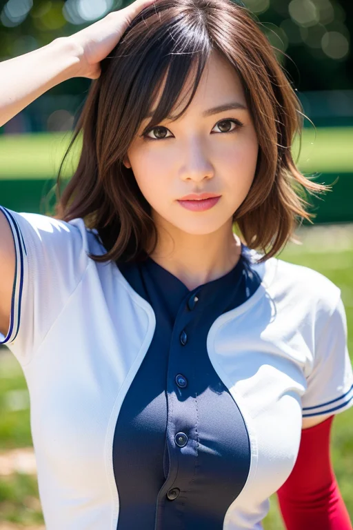 best quality,highly detailed,masterpiece,ultra-detailed (baseball uniform:1.1),(realistic:1),(wavy hair:1.0),(floating hair:1.0),(dynamic pose:0.9),(street:0),(smirk:1.2),(8k, RAW photo, best quality, masterpiece:1.2), (realistic, photo-realistic:1.37),(baseball bat:1),(arms behind back:1.2),(eyeball:1.2),a woman in a ((baseball uniform)),((masterpiece)), (((best quality))), ((ultra-detailed)), detailed skin texture,realistic,((detailed fingers)),(detailed face),detailed hair, (full body), <lora:japanese_actress_mix-V5:0.4>