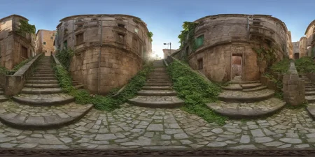 360panorama,Staircase leading to a building,Ascending,Early morning deserted,Weathered stone steps historical architecture,Golden hour light,Non-applicable,Realistic with a touch of nostalgia,Digital art,Architectural Illustration,Warm tones with hints of green from surrounding foliage,3D CGI,4K resolution,<lora:HMSG360è¡éXL-000006:1>,