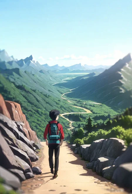 high resolution, solo, best quality, 1Boy, Arata Kaizaki, Black Hair, Blue Eyes, landscape, looking away, high mountain, hiking gear, shallow depth of field, OverallDetail