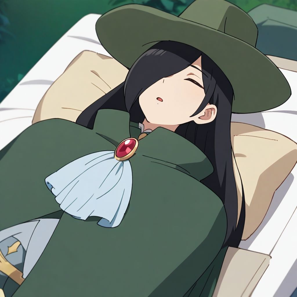 masterpiece, best quality, aesthetic, high quality, solo, 1boy, male focus, long hair, black hair,  closed eyes, hair over one eye, brooch, white ascot, green cape, hat, green headwear, lying, on back ,sleeping, :o