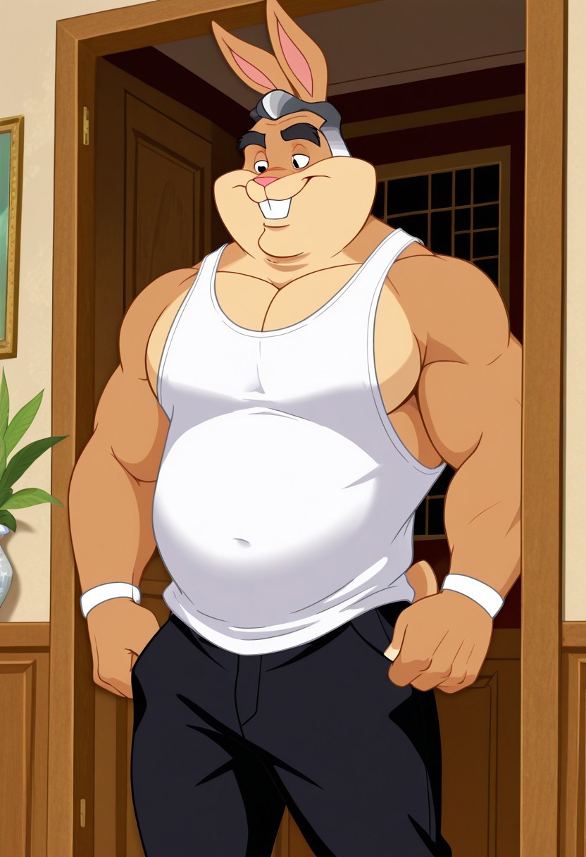 masterpiece, best quality, amazing quality, very aesthetic, absurdres, newest,  high quality, detailed, male, solo male, WalterBunny, 1oldman, mature male, male, average build, slight belly, bara, rabbit, black eyes, tan fur, black and grey hair, broad shoulders, white tank-top, black pants, half body, indoors, standing, smiling, volumetric lighting