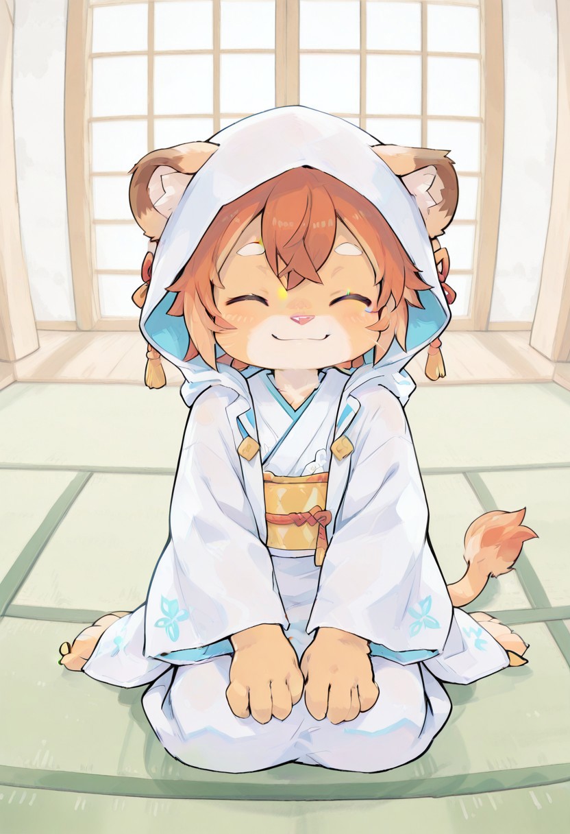 Regalia6666,best quality,cute, amazing quality, very aesthetic, ,room,indoors, wedding, looking at viewer, solo,original, no humans, theowf,
full body,seiza,blushed, smile,closed eyes,closed mouth,
clothing,uchikake, wataboushi, shiromuku, white kimono, hooded kimono, bride, japanese clothes, hood,tatami,