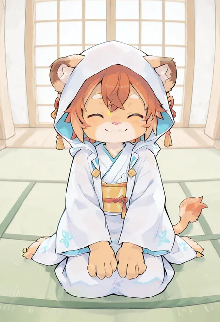 Regalia6666,best quality,cute, amazing quality, very aesthetic, ,room,indoors, wedding, looking at viewer, solo,original, no humans, theowf,
full body,seiza,blushed, smile,closed eyes,closed mouth,
clothing,uchikake, wataboushi, shiromuku, white kimono, hooded kimono, bride, japanese clothes, hood,tatami,