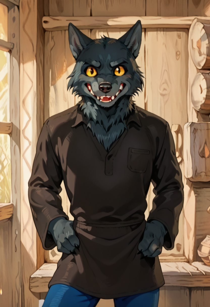 score_9, score_8_up, score_7_up, detailed eyes, w0lf, 1boy, solo, male focus, furry, wolf, yellow sclera, grey fur, sharp teeth, brown shirt, blue pants, cowboy shot, looking at viewer, talking, calm,
