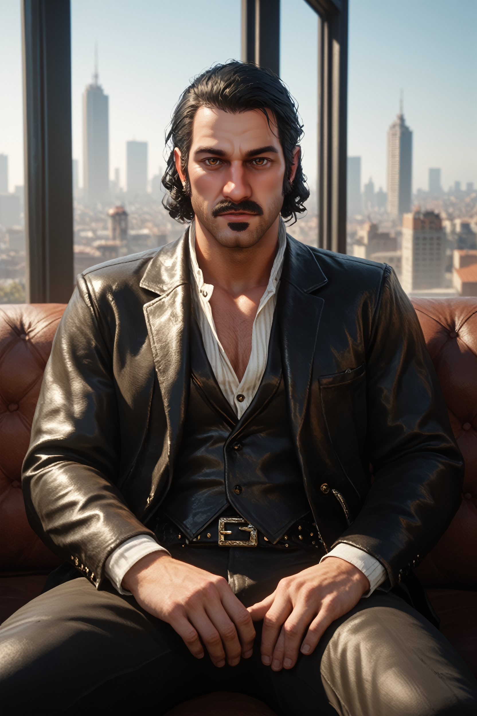 score_9, score_8_up, score_7_up,
<lora:RDR2Dutch:0.8>
RDR2Dutch, 1boy, black hair, brown eyes, facial hair, beard, looking at viewer, an upscale loft with industrial aesthetics, sharp business attire, large windows with city views, sitting on a leather couch with a confident look