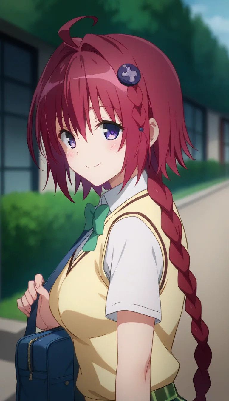 score_9,score_8_up,score_7_up,score_6_up BREAK official art,solo,outdoors,upper body,(portrait:1.5),looking at viewer,facing viewer,smile,blush,Kurosaki Mea,ahoge,very long hair,red hair,hair intakes,hair ornament,braid,hair between eyes,bangs,purple eyes,school uniform,sweater vest,yellow vest,white shirt,collared shirt,green bowtie,short sleeves,medium breasts,miniskirt,green skirt,plaid skirt,pleated skirt,black socks,loafers,<lora:Kurosaki Mea(tlr)-Pony:1.6>,