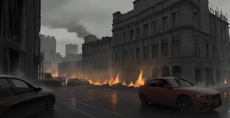 perfect quality,high quality,masterpiece,best quality,amazing quality,very aesthetic,absurdres,newest,
scenery, smoke, building, fire, car, motor vehicle, outdoors, ruins, city, sky, cloud, fog, rain, grey sky, window, burning, cloudy sky, road,,no humans,
<lora:lora-000010.by_tusi:1>,art3112,<lora:spo_sdxl_10ep_4k-data_lora_webui:0.6>,