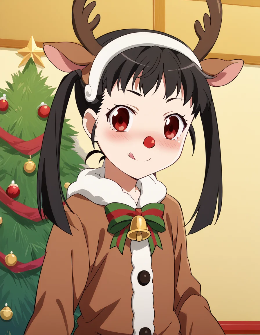 score_9, score_8_up, score_7_up, source_anime, <lora:mayoi-hachikuji-offmonster-ponyxl-lora-nochekaiser:1>, mayoi hachikuji, long hair, black hair, red eyes, ribbon, twintails, hair ribbon, hairband, anime screencap, <lora:reindeer-costume-ponyxl-lora-nochekaiser:1>, reindeer costume, animal costume, reindeer antlers, antlers, fake antlers, reindeer hood, christmas, red nose, deer ears, deer tail, christmas tree, bell, horns, reindeer,, blush, smile, tongue out, looking at viewer,, , dutch angle, cowboy shot
