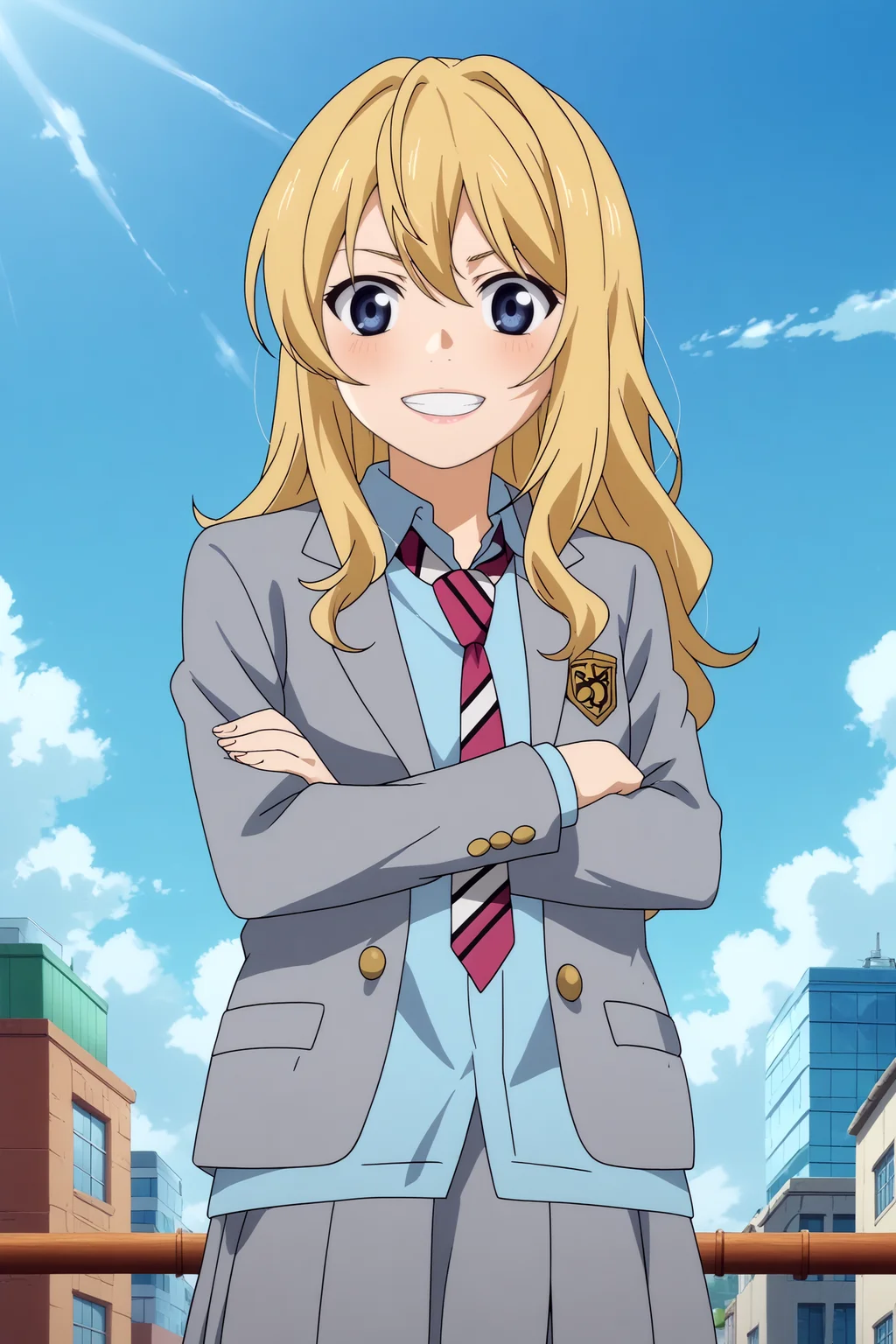 kaori miyazono,1girl,solo,long hair,school uniform,necktie,skirt,jacket,blazer,striped necktie,smile,sakuragaoka high school uniform,standing,cowboy shot,crossed arms,smile,teeth,upper body BREAK outdoors,blue sky,cityscape,sunlight,bright sun,sunshine,cloudy_sky,volumetric fog, volumetric lighting, best quality Masterpiece     <lora:Kaori_Miyazono_-_Your_lie_in_april_Shigatsu_wa_Kimi_no_Uso.safetensors:0.8> <lora:detailed_backgrounds_v2.safetensors:0.5>