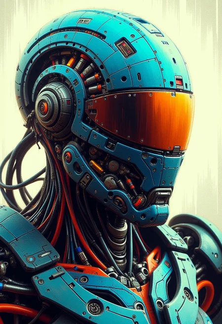 masterpiece, ((inkpunk cell-shaded style)), realistic painting, portrait of a futuristic battle robot, detailed helmet, reflective visor, electric power lights, intricate circuitry, cables, mad-cybrpnkimprss