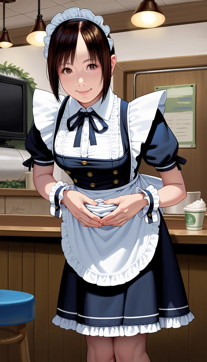 score_9,score_8_up,score_7_up,
<lora:miiyamotohikari>,miiyamotohikari,
photorealistic,realistic,
1girl,solo,black hair,bangs,brown eyes,looking at viewer,smile,black maid clothes,maid headdress,wrist cuffs,bowtie,black ribbon,
cowboy shot,leaning forward,hands on counter,
blurry background,simple background,indoors,cafe,