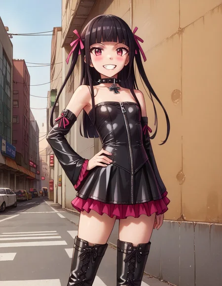 (score_9, score_8_up, score_7_up, highest score, best quality:1.2), zPDXL3, NEGATIVE_HANDS, hi-res. 8k, source_anime BREAK 1girl, flat chest, tiny tits, rory, black hair, blunt bangs, red eyes grin twin tails, blush grin, one hand on hip, small breasts BREAK pink ribbon, hair ribbon,black leather collar, studded collar, iron cross attached to collar, black leather top, strapless top, o-ring shaped zipper, detached sleeves, leather sleeves, sleeves past wrists, black skirt, frilled skirt, multi-layerd frills, thigh boots, black boots, cross-laced legwear BREAK city, street light, street, aerial view (outdoors:1.3), sharp colors, perfect hands, perfect eyes, (detailed realistic background:1.3), (high quality:1.1), (ultra detailed:1.4), <lora:pony_good_hands:0.7>, <lora:add-detail-xl:1>, <lora:xl_more_art-full_v1:0.5>