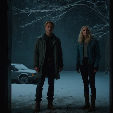 cinematic film still of <lora:Split Screen Style:1>
two different images of a man standing in a dark room next to a woman,Split Screen Style,1girl,blonde hair,shirt,1boy,jacket,boots,pants,indoors,tree,night,snow,snowing , division of the screen, half screen, several simultaneous images, shallow depth of field, vignette, highly detailed, high budget, bokeh, cinemascope, moody, epic, gorgeous, film grain, grainy