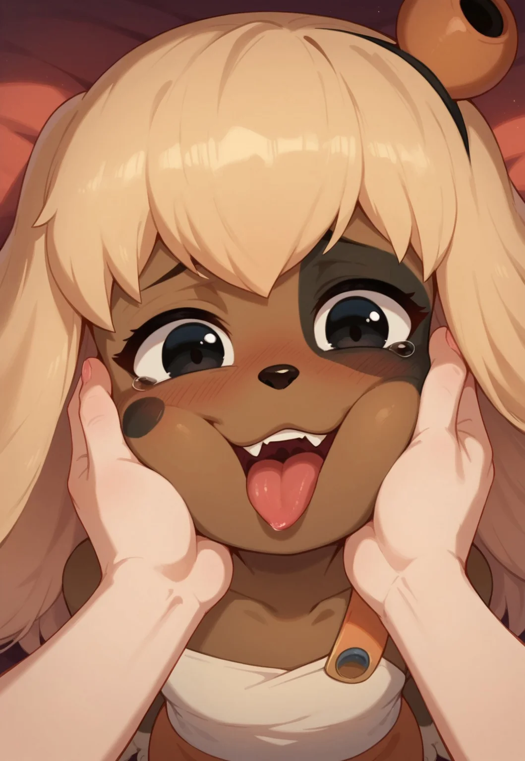 score_9, score_8_up, score_7_up, 1girls, lilotte, furry female, dog ears, dog tail, white paws, long blonde hair, white crop top, black eyes, pov kiss, grabbing cheek, tongue, fang out, looking at viewer, close-up, cute, blush, Expressiveh, (human girl pov), yuri,