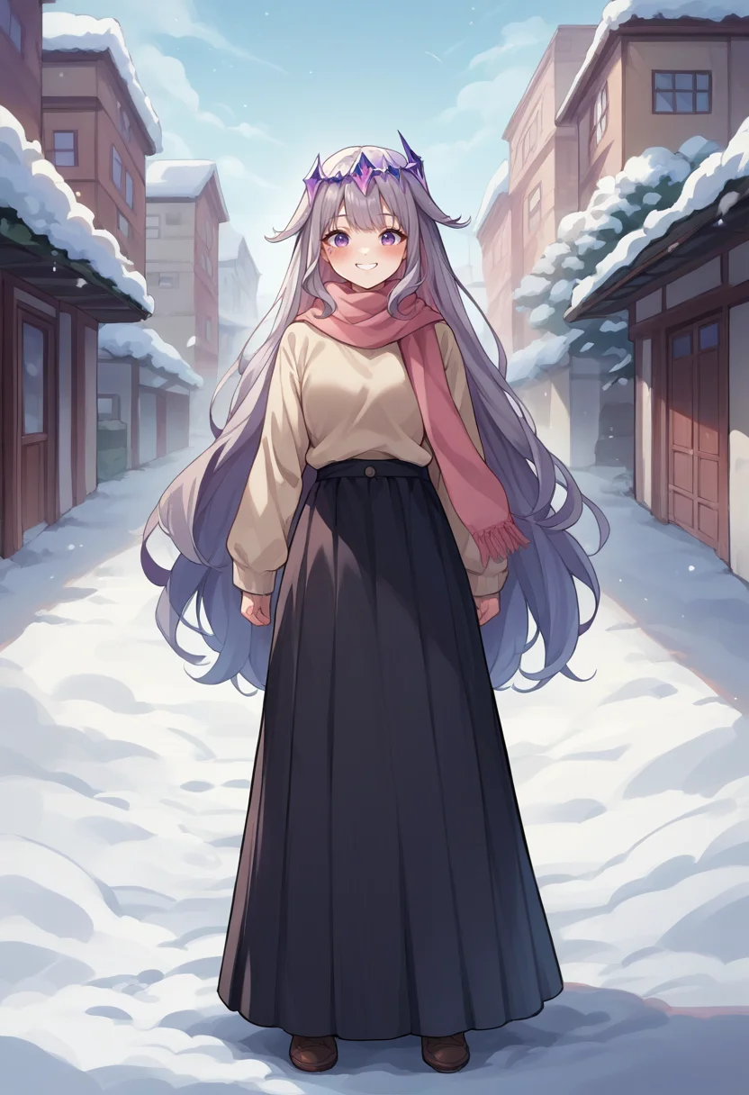 score_9, score_8_up, source_anime, 1girl, solo, KosekiBijou, long hair, hair flaps, floating headpiece, turtleneck sweater, long skirt, outdoors, scarf, winter, smile, blush, <lora:ChamKosekiBijouPonyXL:1>