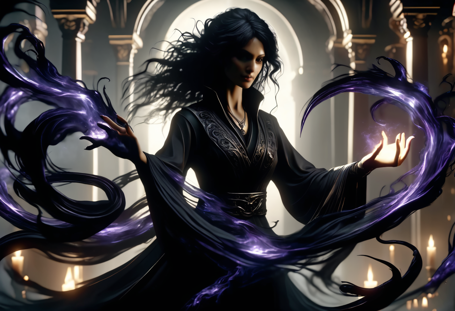 hyper detailed masterpiece, dynamic, awesome quality,female caster casting darkness magic enveloping, inky blacknessabsorb all light and sound, moves like a living thing, tendrils of darkness reaching out, light dims and the air grows cold DonMM4g1cXL <lora:DonMM4g1cXL_v1.2:1>