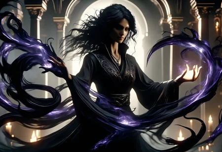 hyper detailed masterpiece, dynamic, awesome quality,female caster casting darkness magic enveloping, inky blacknessabsorb all light and sound, moves like a living thing, tendrils of darkness reaching out, light dims and the air grows cold DonMM4g1cXL <lora:DonMM4g1cXL_v1.2:1>