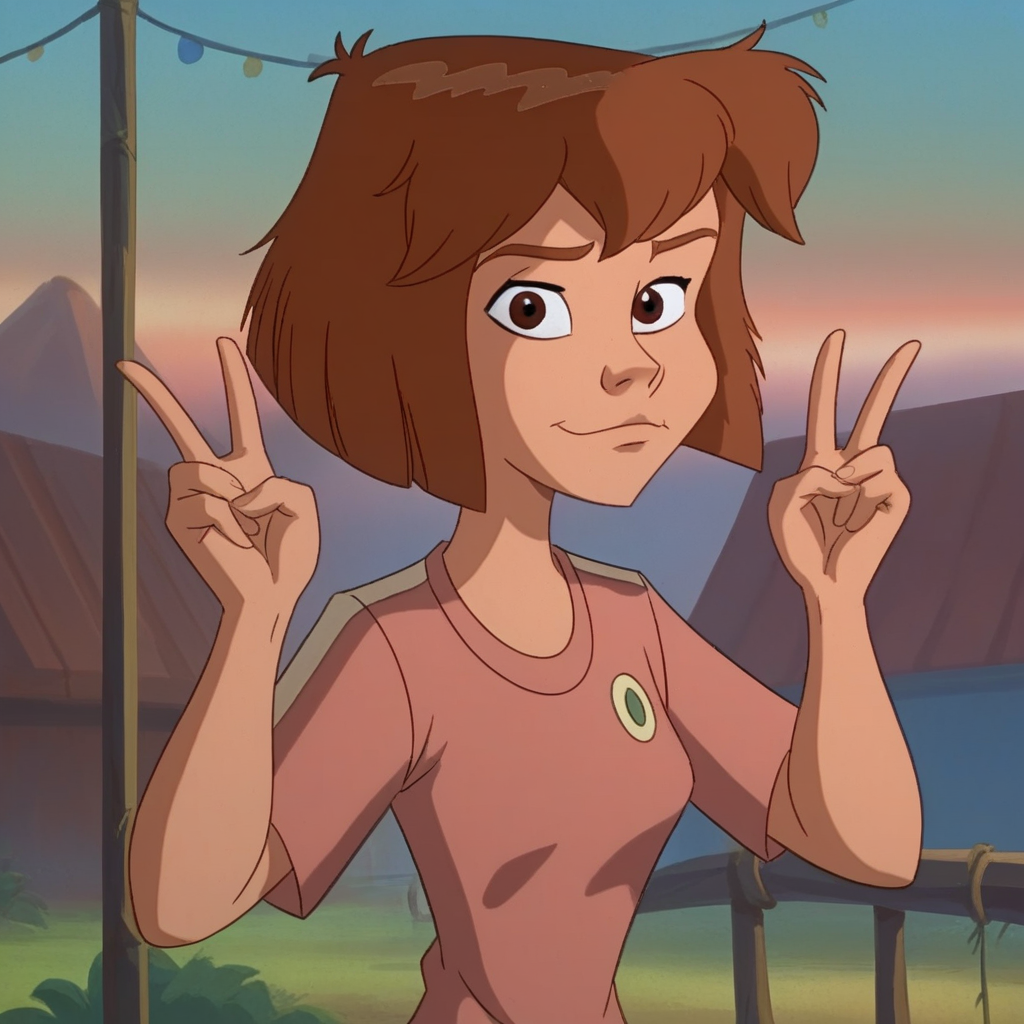 score_9_up, score_8_up, BREAK, BudgieFerngully, 1girl, solo, brown hair, short hair, brown eyes, shirt, cowboy shot,  <lora:Budgie_Ferngully_PXL_Leaf2:1>, looking at viewer,  double v,