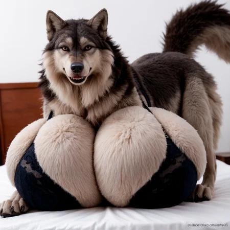 realistic, photo, looking at viewer, feral, busty feral, huge breasts, female wolf, wolf, wolf, only, fluffy breasts, gigantic breasts, bra, solo focus,