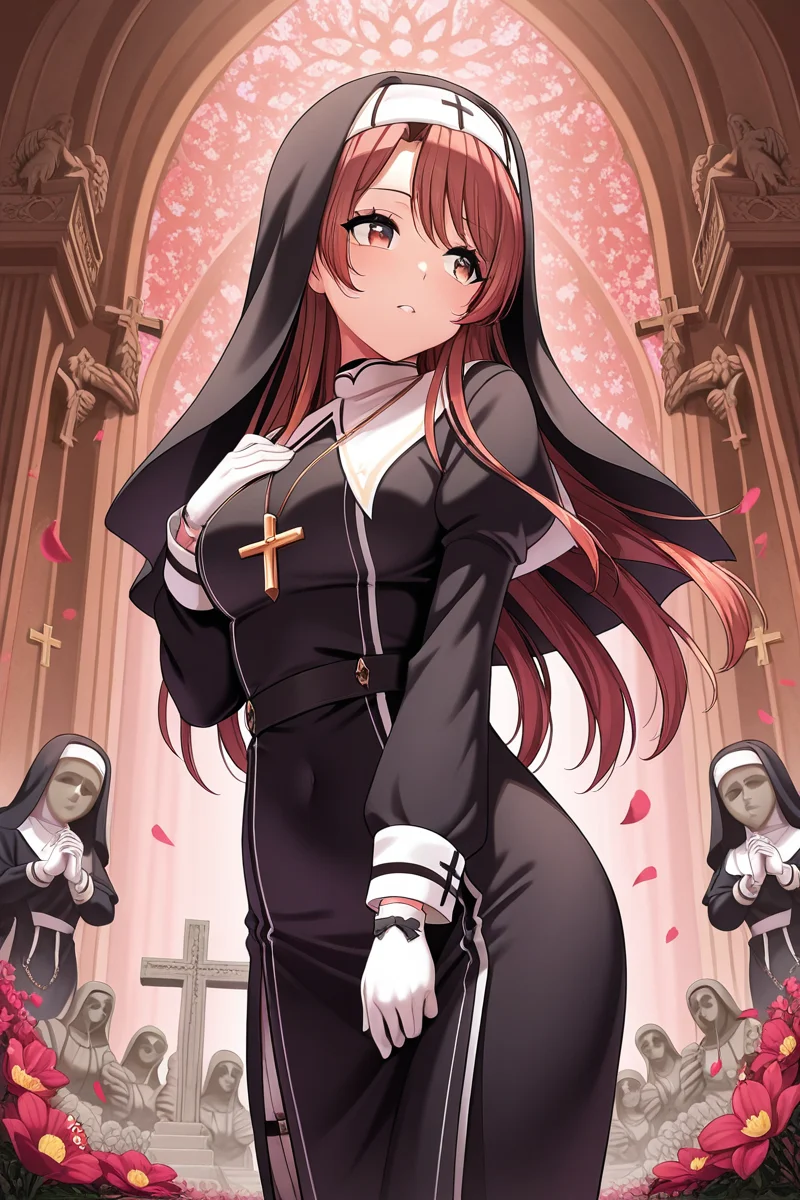 masterpiece, best quality, amazing quality,
<lora:Haruna_IL:1> haruna, 1girl, long hair, nun, solo, gloves, statue, dress, habit, red hair, white gloves, long sleeves, black dress, petals, flower, cross, brown hair