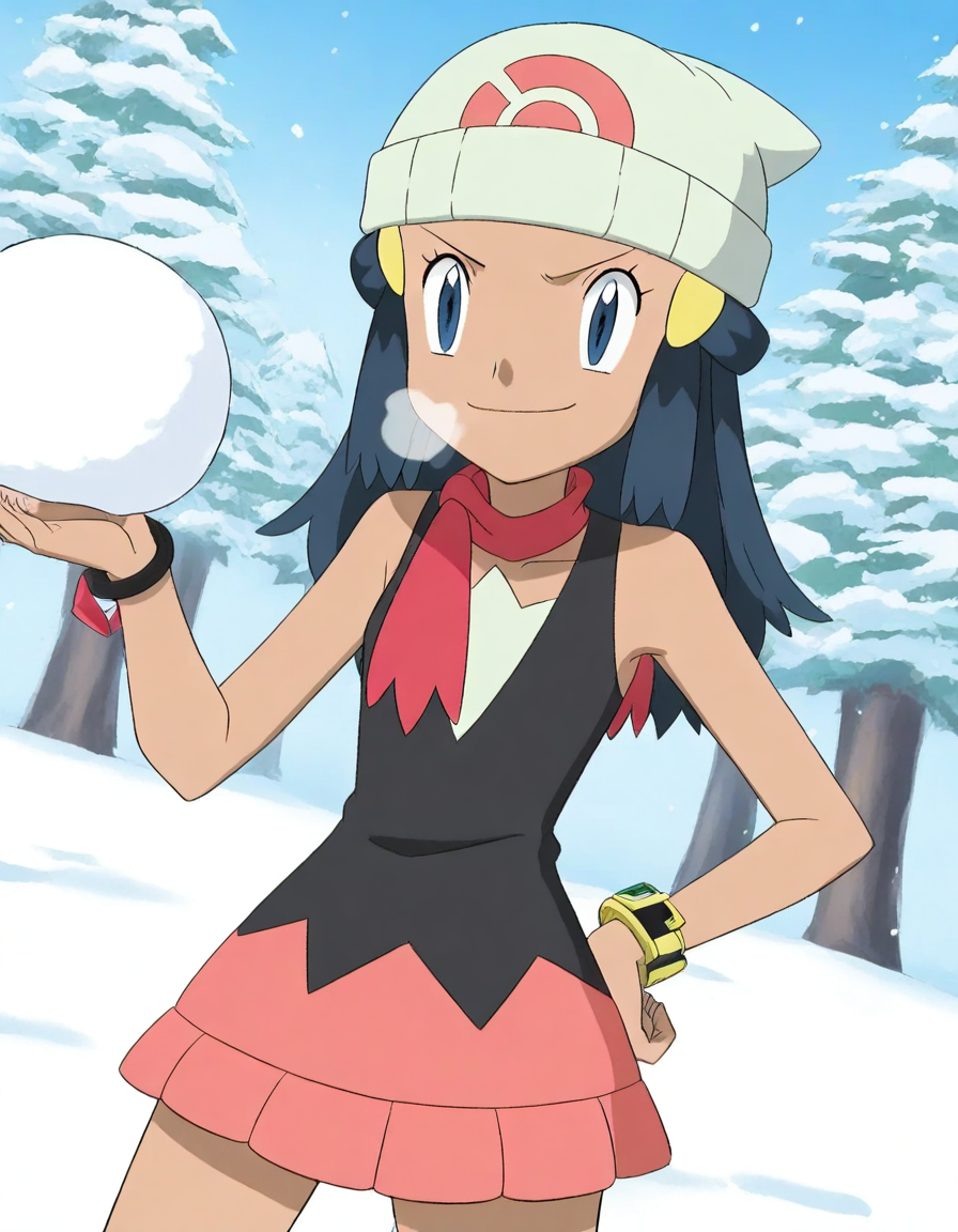 score_9, score_8_up, score_7_up, source_anime, <lora:pokemon-dawn-anime-illustrious-lora-nochekaiser:1>, pokemon dawn, black hair, blue eyes, sidelocks, long hair,, bare shoulders, beanie, black shirt, black socks, bracelet, hat, jewelry, kneehighs, miniskirt, pink skirt, red scarf, scarf, shirt, skirt, sleeveless, sleeveless shirt, white headwear,, snow day, winter clothes, snowball fight, laughter, cold breath, white landscape, , looking at viewer, smug, hand on hips,, solo,, cowboy shot, dutch angle