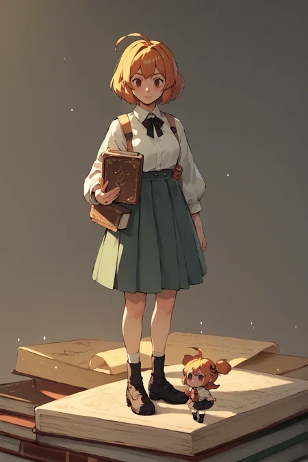 <lora:mini-people:1> minipoeple, minigirl, woman standing next to regular sized book, regular sized objects, <lora:RD-MAnon-XLV1.1:1>, , source_anime, score_9_up, score_7_up, score_8_up