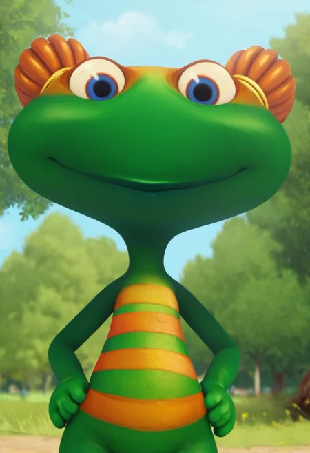 lulu zipadoo, 1girl, furry, anthro, female turtle (frog shaped head), green skin, blue eyes, orange eyelid, orange hair, yellow hair ties, pigtails, wide head, chibi, 3 oranges stripes around belly, plump, little tail, wide hips, short body, short legs, ((blurred genitals)), score_8_up, score_7_up, BREAK, 1girl, solo, looking at viewer, cute, smirk, from below, hands on hips, head tilt, female focus, looking at viewer, blue sky, outdoors, park, detailed background, 4k, masterpiece, best quality, highly detailed, realistic, low-angle shot, realistic, 3d,
