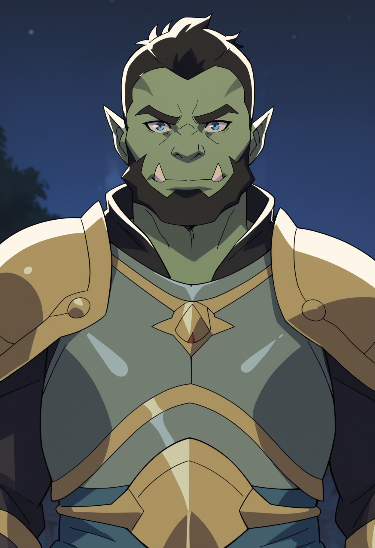 score_9, score_8_up, score_7_up, BREAK,
1boy, solo, male focus, mature male, orc, green skin, tusks, blue eyes, short hair, black hair, facial hair, beard, looking at viewer, armor, shoulder armor, breastplate, pauldrons, upper body, closed mouth, standing, outdoors, night, night sky, dark background,    <lora:VoxMachinaV2XLLocon_byKonan:1>
