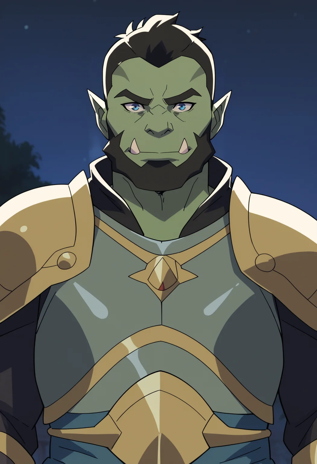 score_9, score_8_up, score_7_up, BREAK,
1boy, solo, male focus, mature male, orc, green skin, tusks, blue eyes, short hair, black hair, facial hair, beard, looking at viewer, armor, shoulder armor, breastplate, pauldrons, upper body, closed mouth, standing, outdoors, night, night sky, dark background, <lora:VoxMachinaV2XLLocon_byKonan:1>