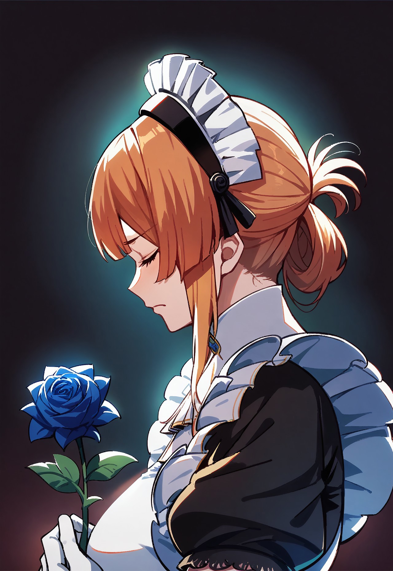 score_9, score_8_up, score_7_up, score_6_up, zPDXL3, source_anime, mature, Risa, sniffing, closed eyes, holding a glowing blue rose, upper_body, thinking, Noir maid outfit, maid headdress, elbow gloves, colorful, dark background, fading border, side lighting, 