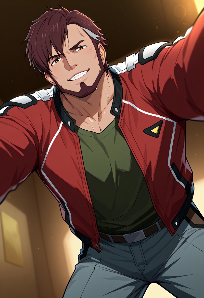 score_9, score_8_up, score_7_up, score_6_up, perfect anatomy, perfect proportions, best quality, masterpiece, high_resolution, high quality, best aesthetic, incredibly absurdres, highres, extremely detailed, huge filesize, solo male, adult, mature, masculine, manly, handsome, charming, alluring, standing, upper body, dutch angle, cowboy shot, perfect face, source_anime, anime coloring, MDArad, Arad Mölders, brown hair, two-tone hair, streaked hair, sideburns, brown eyes, facial hair, chinstrap beard, jawline beard, green undershirt, Arad's jacket\(Macross Δ\), red jacket, open jacket, long sleeves, grey pants, open mouth, mischievous grin, moaning, sweaty, erotic, kinky, lewd, seductive, on top of viewer focus, legs apart, leaning forward, expressive face, looking down at viewer, bend over, from below, dynamic angle, foreshortening, pov, intricately detailed illustration, atmospheric perspective, depth of field, newest, seductive_pose, shading, countershading, detailed shading, detailed skin, realistic shading, intricate details, movie still, vibrant, vivid, stardom, glamorous, extraordinary achievement, award-winning, expressionist, cinematic still, emotional, harmonious, vignette, bokeh, cinemascope, moody, epic, gorgeous