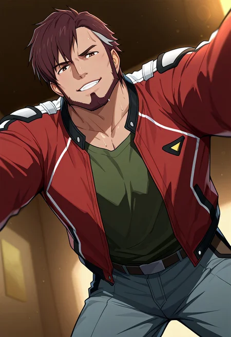 score_9, score_8_up, score_7_up, score_6_up, perfect anatomy, perfect proportions, best quality, masterpiece, high_resolution, high quality, best aesthetic, incredibly absurdres, highres, extremely detailed, huge filesize, solo male, adult, mature, masculine, manly, handsome, charming, alluring, standing, upper body, dutch angle, cowboy shot, perfect face, source_anime, anime coloring, MDArad, Arad Mölders, brown hair, two-tone hair, streaked hair, sideburns, brown eyes, facial hair, chinstrap beard, jawline beard, green undershirt, Arad's jacket\(Macross Δ\), red jacket, open jacket, long sleeves, grey pants, open mouth, mischievous grin, moaning, sweaty, erotic, kinky, lewd, seductive, on top of viewer focus, legs apart, leaning forward, expressive face, looking down at viewer, bend over, from below, dynamic angle, foreshortening, pov, intricately detailed illustration, atmospheric perspective, depth of field, newest, seductive_pose, shading, countershading, detailed shading, detailed skin, realistic shading, intricate details, movie still, vibrant, vivid, stardom, glamorous, extraordinary achievement, award-winning, expressionist, cinematic still, emotional, harmonious, vignette, bokeh, cinemascope, moody, epic, gorgeous